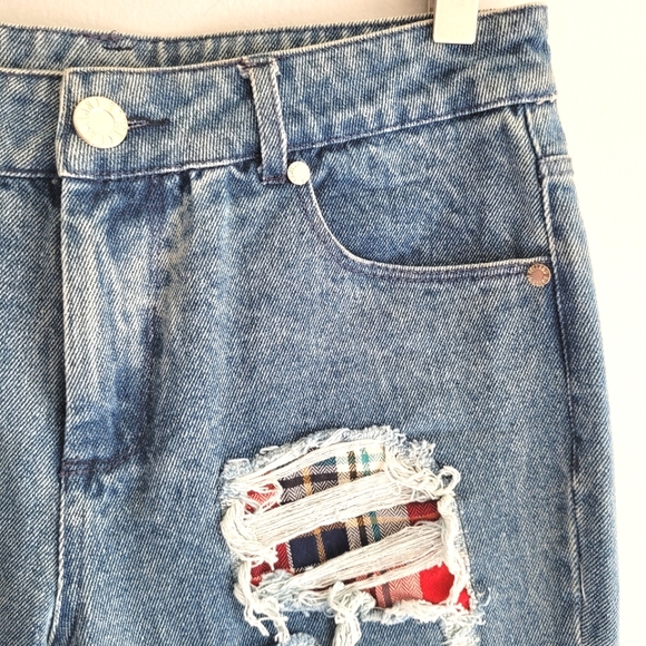 House of Holland Plaid Patchwork Distressed Jeans - Picture 2 of 8